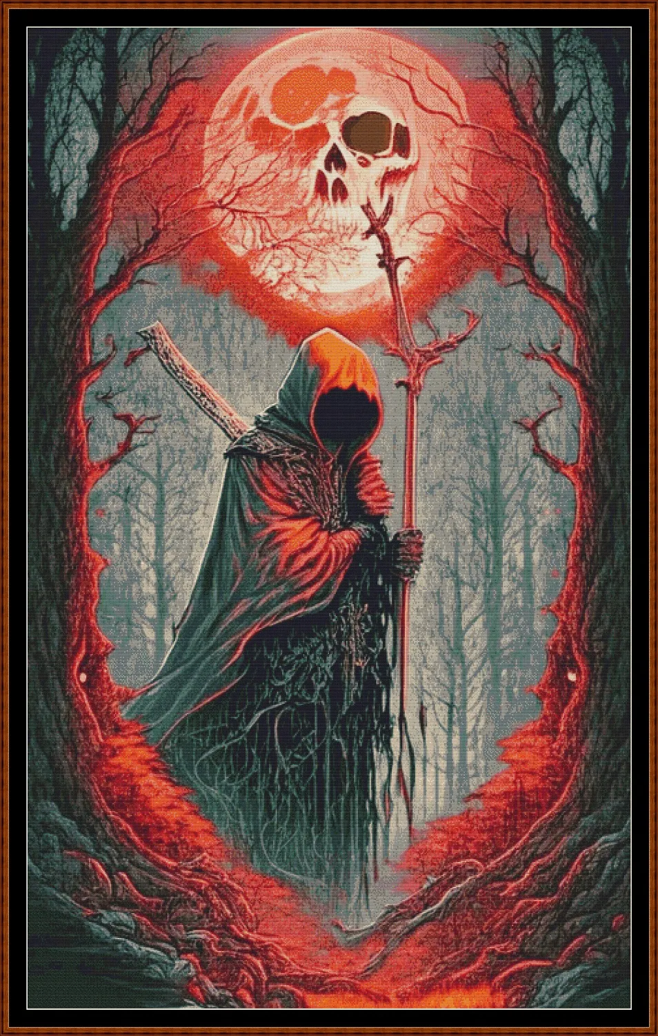 Forest Moon - Red patterns are expertly created from art by Marcia Figg (warlikeone) under Public Domain CC0 license Forest Moon - Red is a fantasy death pattern that comes as a full coverage pattern with no back-stitching.