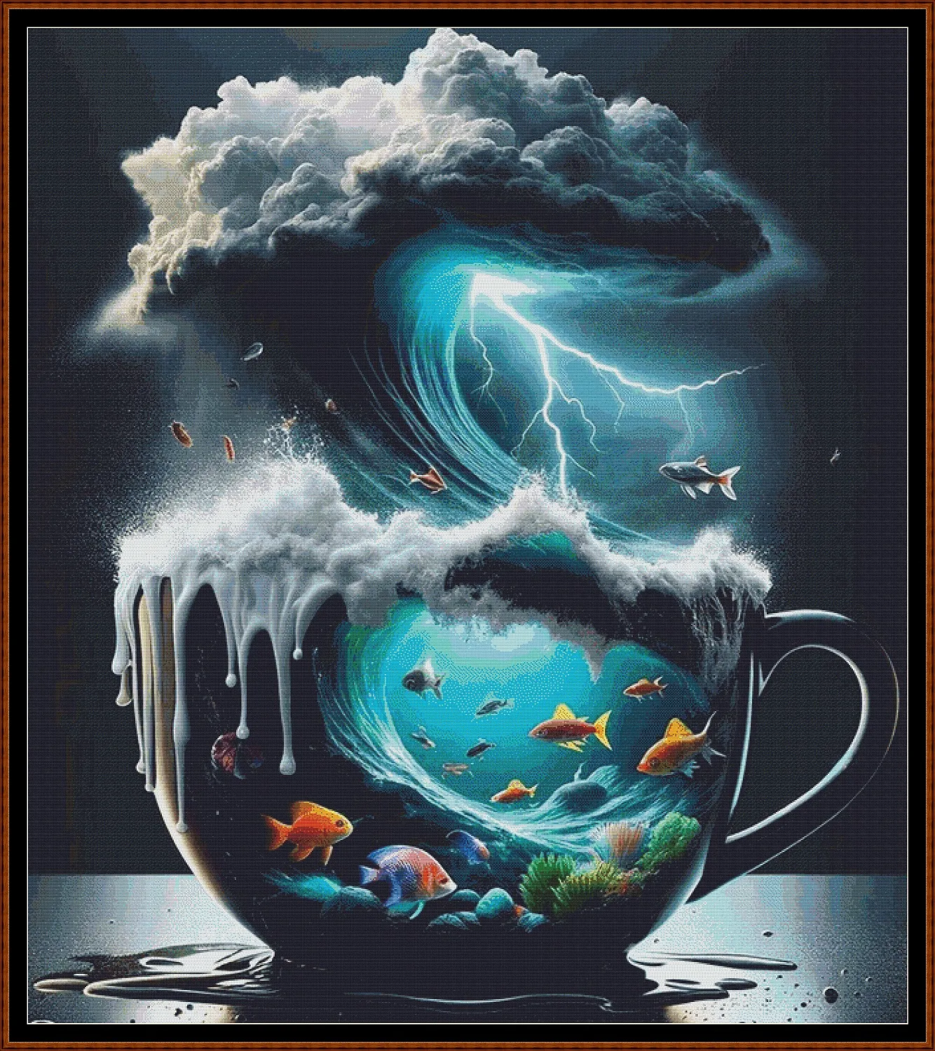 Expertly created from art by Bilal Bashir, under Public Domain CC0 license, Storm In A Teacup cross stitch patterns.