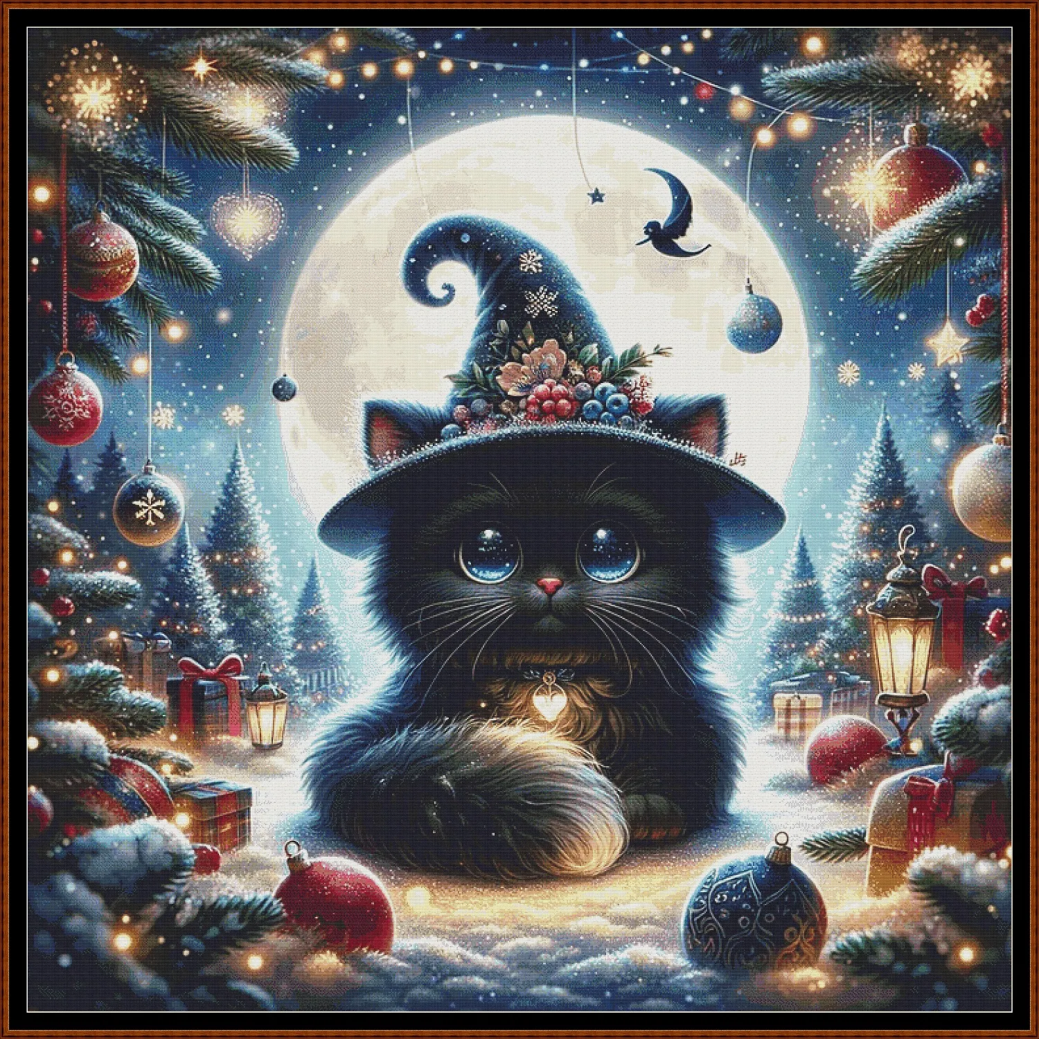 Expertly created from art by Bilal Bashir, under Public Domain CC0 license, Christmas Witchy Kitty cross stitch patterns.