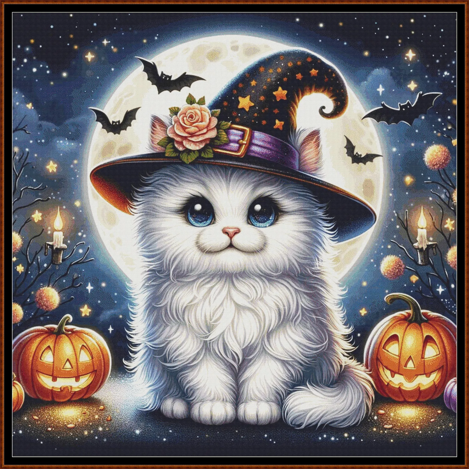 Expertly created from art by Bilal Bashir, under Public Domain CC0 license, Halloween Witchy Kitty cross stitch patterns.